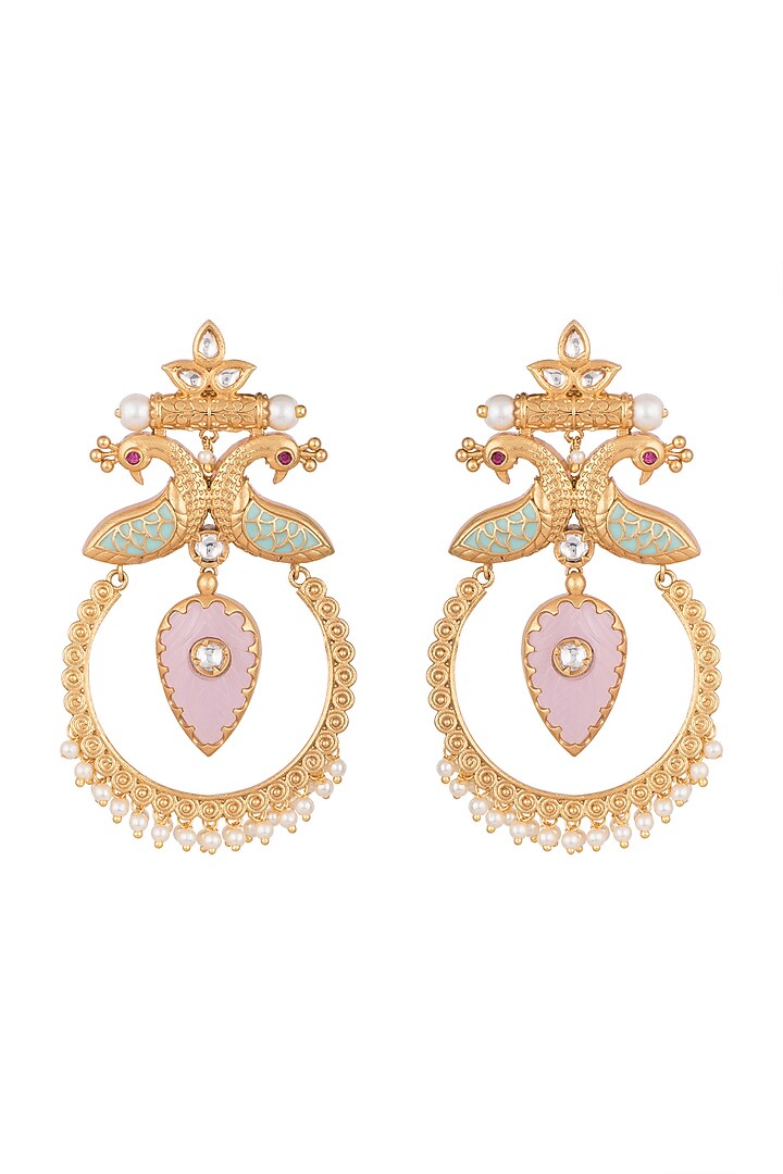 Gold Finish Kundan Polki & Pink Stone Enameled Earrings by VASTRAA Jewellery at Pernia's Pop Up Shop
