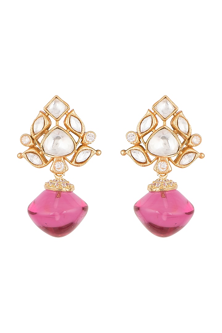 Gold Finish Kundan Polki & Red Stone Earrings by VASTRAA Jewellery at Pernia's Pop Up Shop