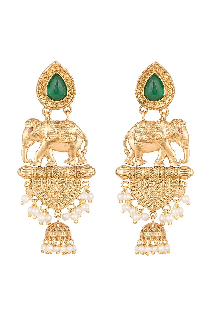 Gold Finish Faux Pearl & Green Stone Earrings by VASTRAA Jewellery at Pernia's Pop Up Shop