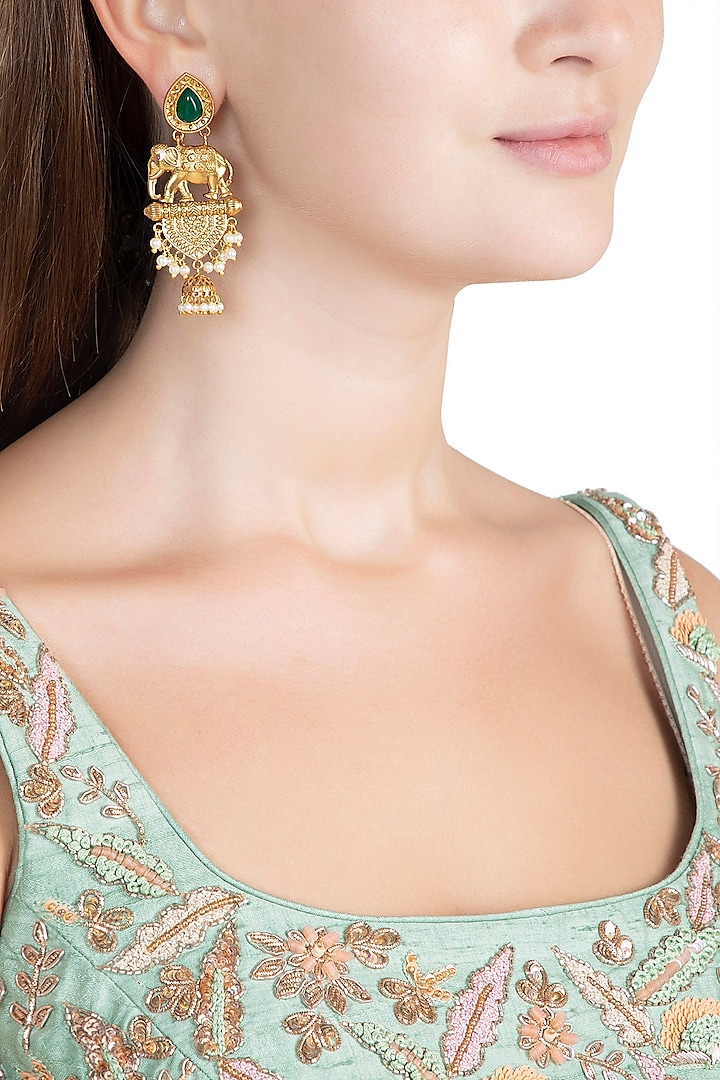 Gold Finish Faux Pearl & Green Stone Earrings by VASTRAA Jewellery