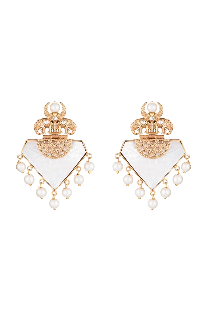 Gold Finish Faux Pearl & White Stones Earrings by VASTRAA Jewellery at Pernia's Pop Up Shop