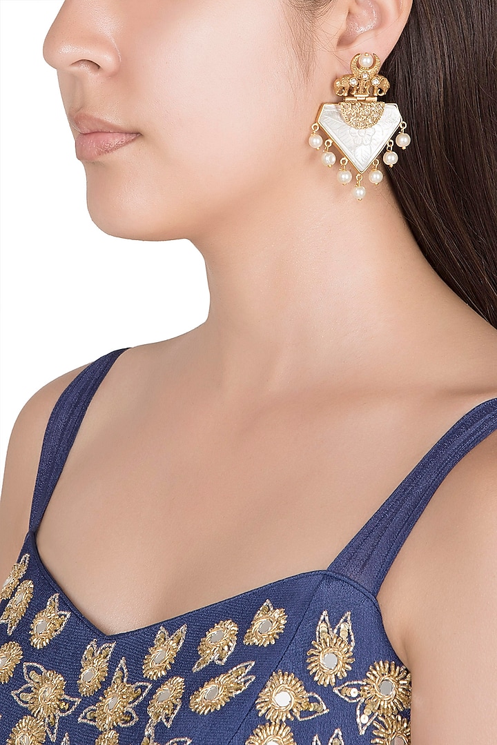 Gold Finish Faux Pearl & White Stones Earrings by VASTRAA Jewellery