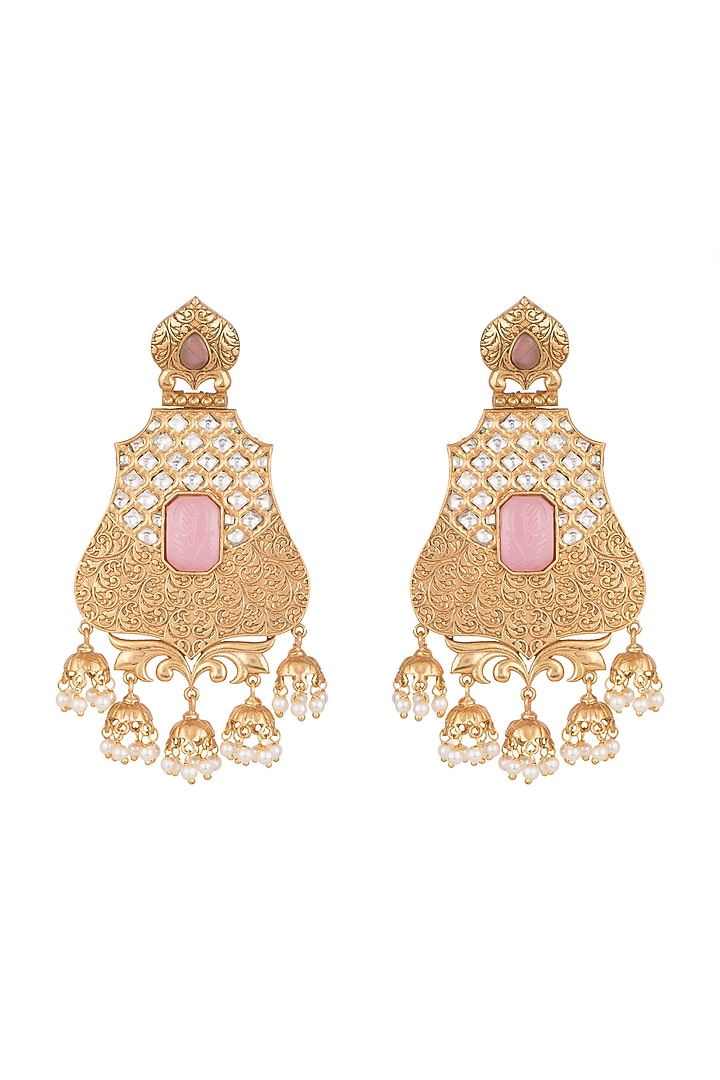 Gold Finish Kundan Polki & Pearl Earrings by VASTRAA Jewellery at Pernia's Pop Up Shop