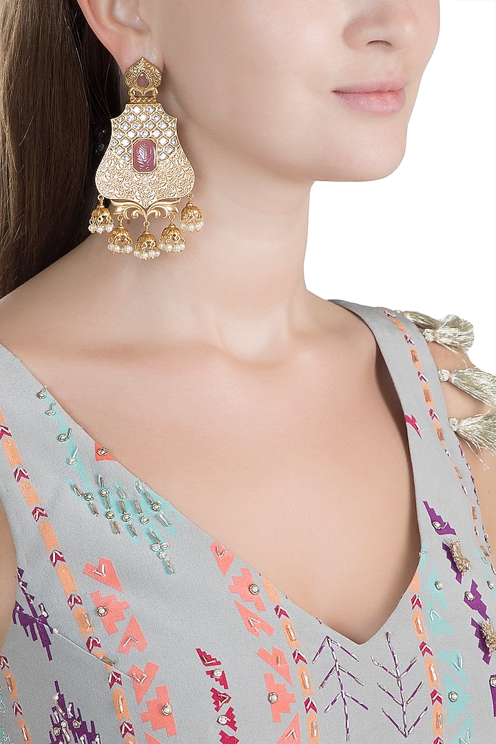Gold Finish Kundan Polki & Pearl Earrings by VASTRAA Jewellery at Pernia's Pop Up Shop