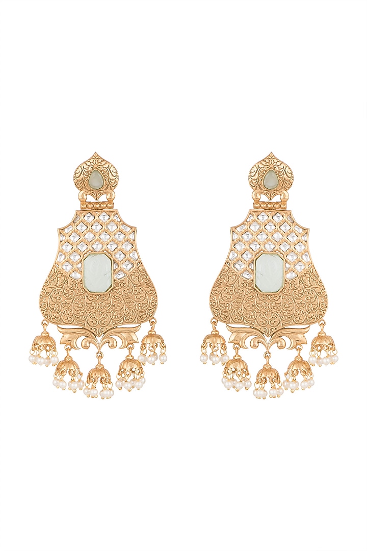 Gold Finish Kundan Polki & Light Blue Stone Earrings by VASTRAA Jewellery at Pernia's Pop Up Shop