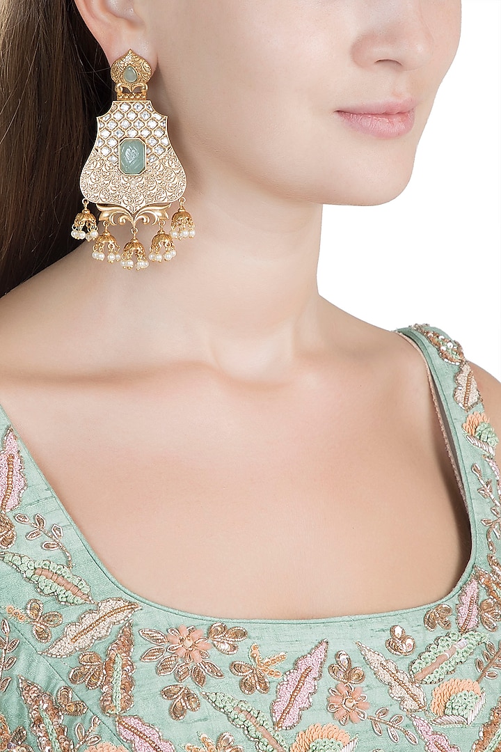 Gold Finish Kundan Polki & Light Blue Stone Earrings by VASTRAA Jewellery