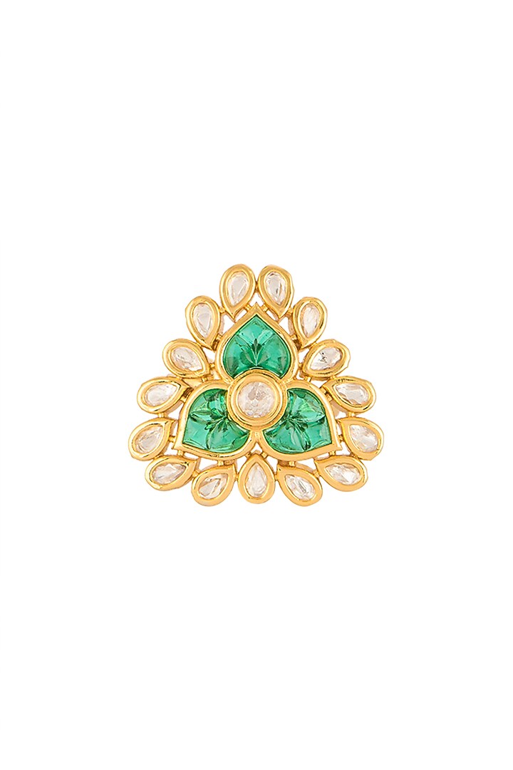 Gold Finish Kundan Polki & Green Stone Ring by VASTRAA Jewellery at Pernia's Pop Up Shop
