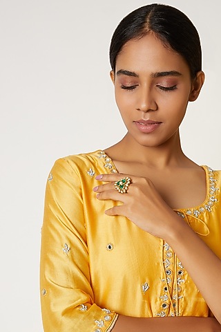 Gold Finish Kundan Polki & Green Stone Ring by VASTRAA Jewellery