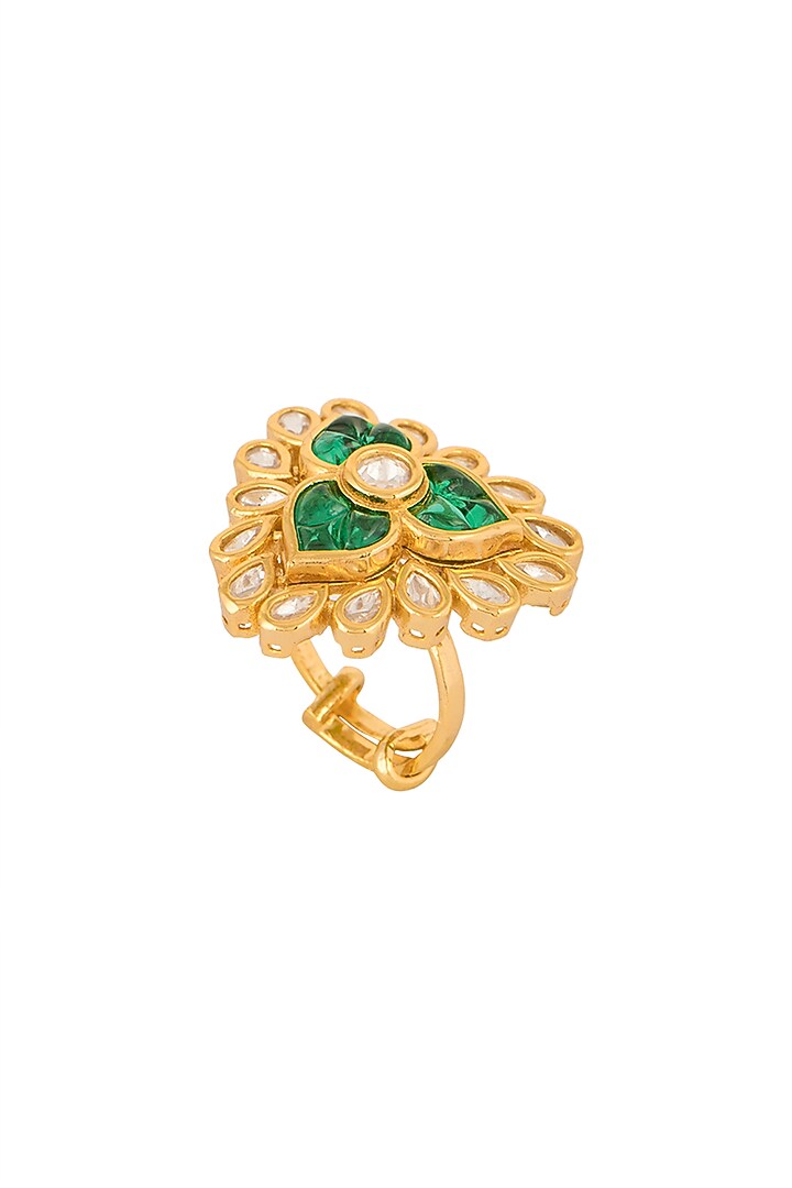 Gold Finish Kundan Polki & Green Stone Ring by VASTRAA Jewellery at Pernia's Pop Up Shop