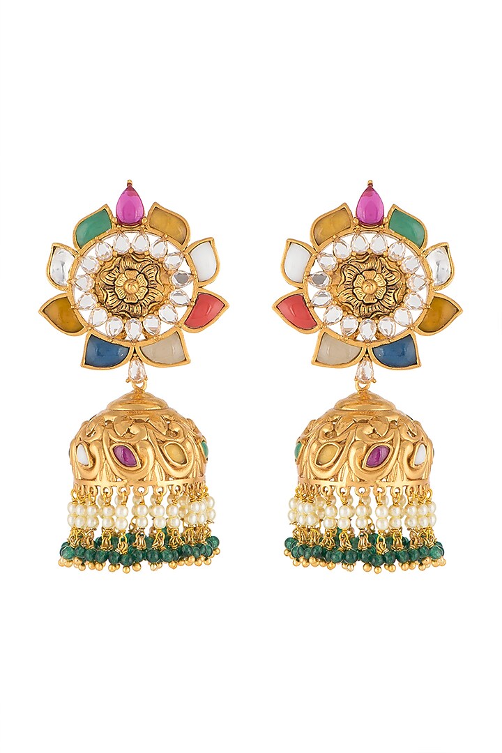 Gold Finish Navratna Jhumka Earrings by VASTRAA Jewellery at Pernia's Pop Up Shop