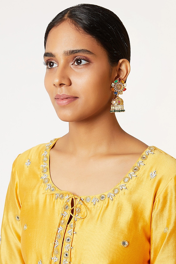 Gold Finish Navratna Jhumka Earrings by VASTRAA Jewellery