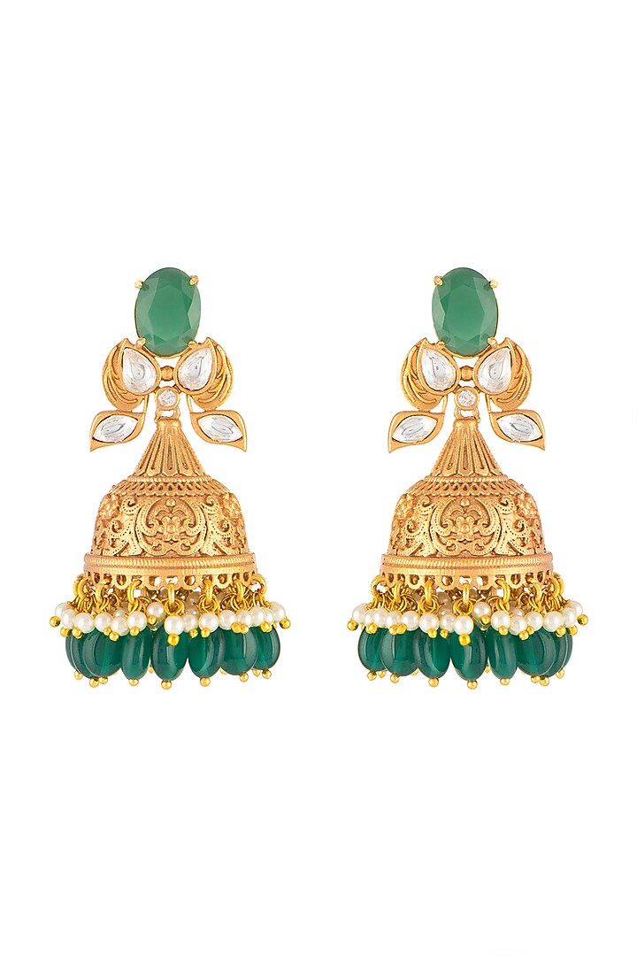 Gold Finish Kundan Polki Green Stone Jhumka Earrings by VASTRAA Jewellery at Pernia's Pop Up Shop