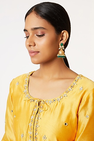 Gold Finish Kundan Polki Green Stone Jhumka Earrings by VASTRAA Jewellery
