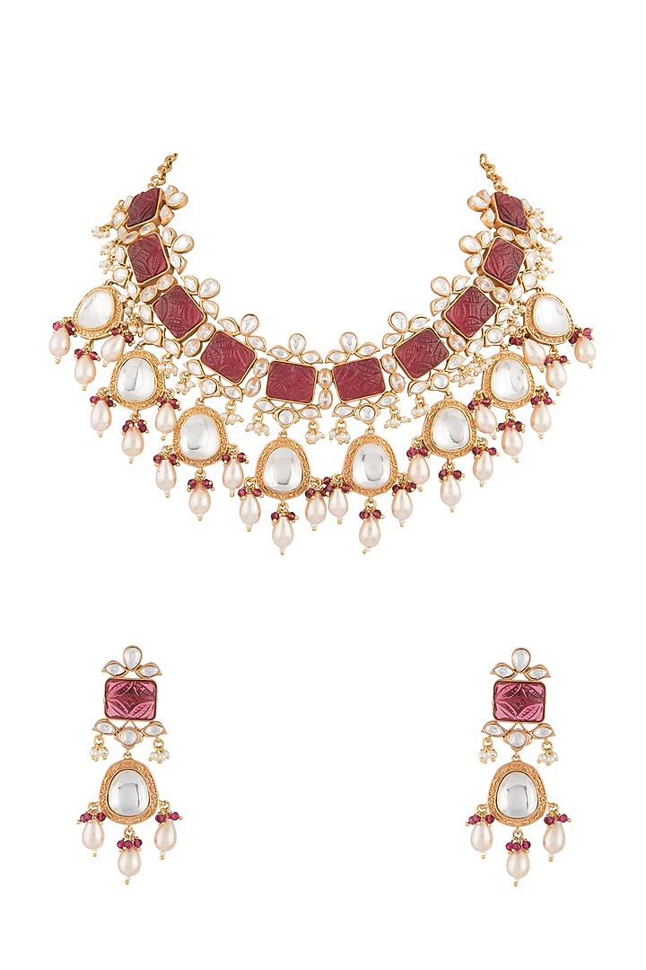 Gold Finish Kundan Polki & Red Stone Necklace Set by VASTRAA Jewellery at Pernia's Pop Up Shop