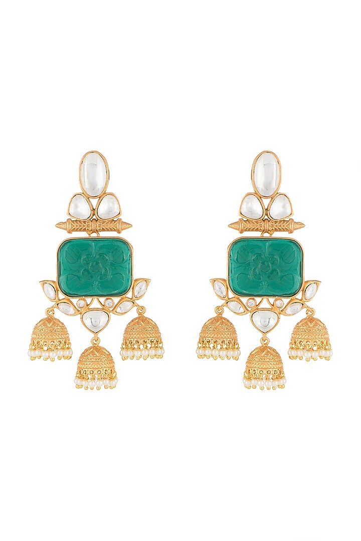Gold Finish Kundan Polki & Green Stone Dangler Earrings by VASTRAA Jewellery at Pernia's Pop Up Shop