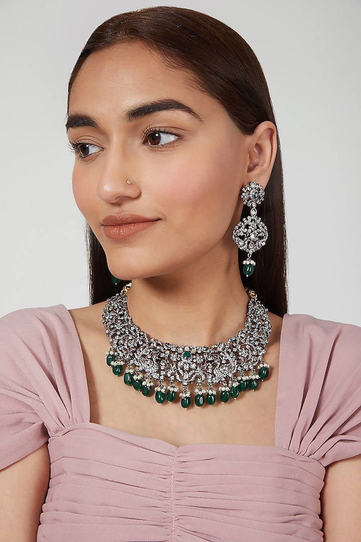 White Finish Zircon & Green Beaded Necklace Set by VASTRAA Jewellery