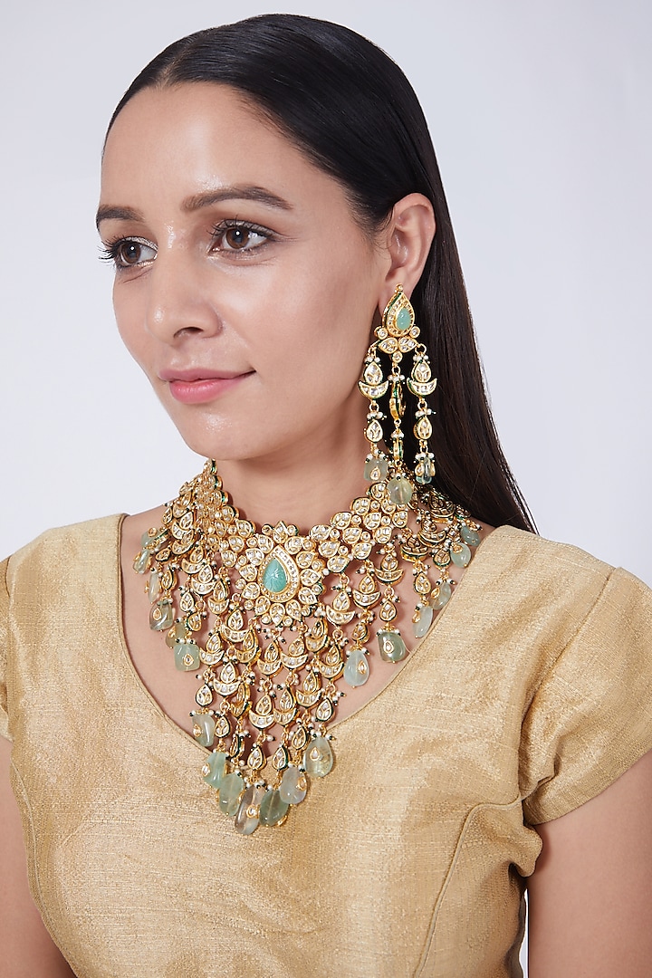 Gold Finish Kundan Polki & Pastel Green Beaded Choker Necklace Set by VASTRAA Jewellery