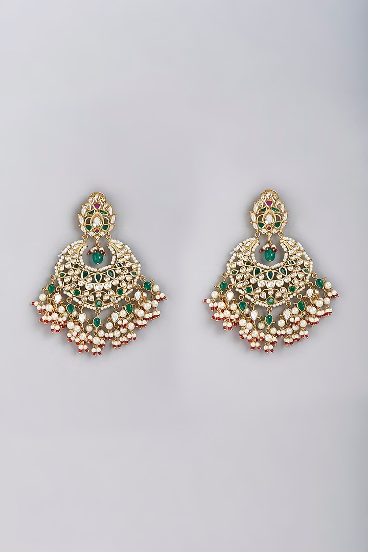 Gold Finish Kundan Polki & Pearl Chandbali Earrings by VASTRAA Jewellery at Pernia's Pop Up Shop