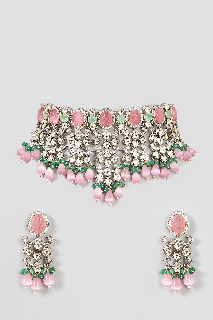 Two Tone Finish Kundan Polki & Pink Synthetic Beaded Necklace Set by VASTRAA Jewellery at Pernia's Pop Up Shop