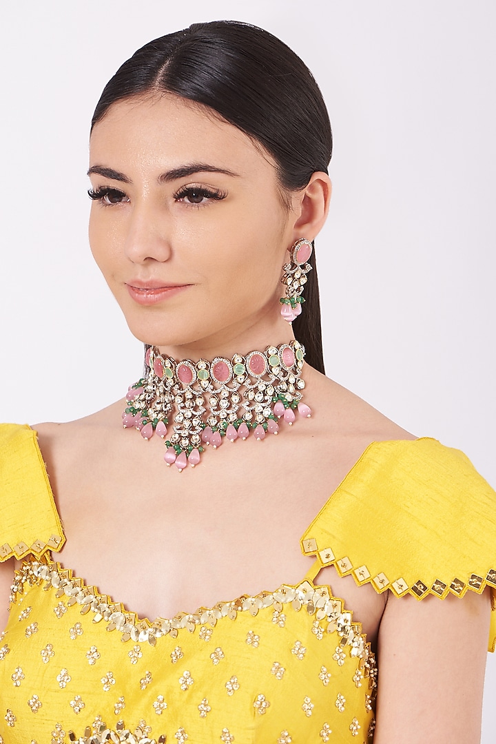 Two Tone Finish Kundan Polki & Pink Synthetic Beaded Necklace Set by VASTRAA Jewellery