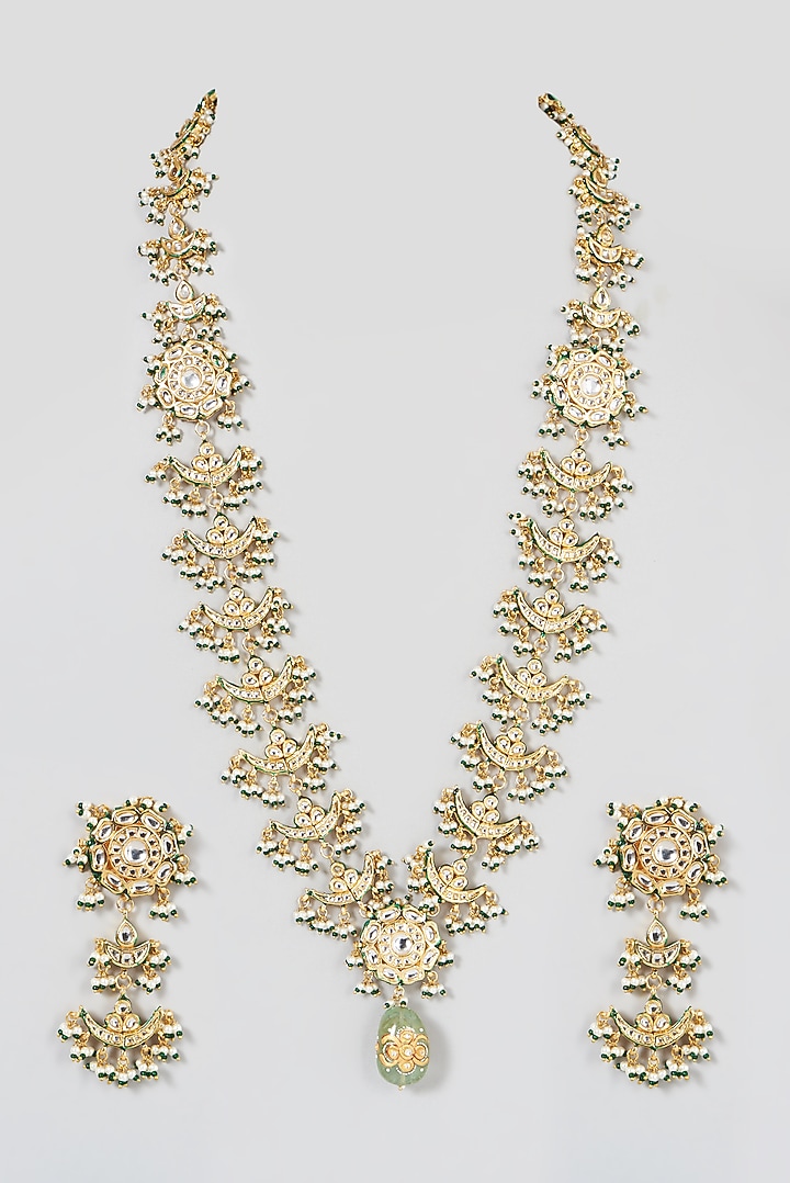 Gold Finish Kundan Polki Long Necklace Set by VASTRAA Jewellery at Pernia's Pop Up Shop
