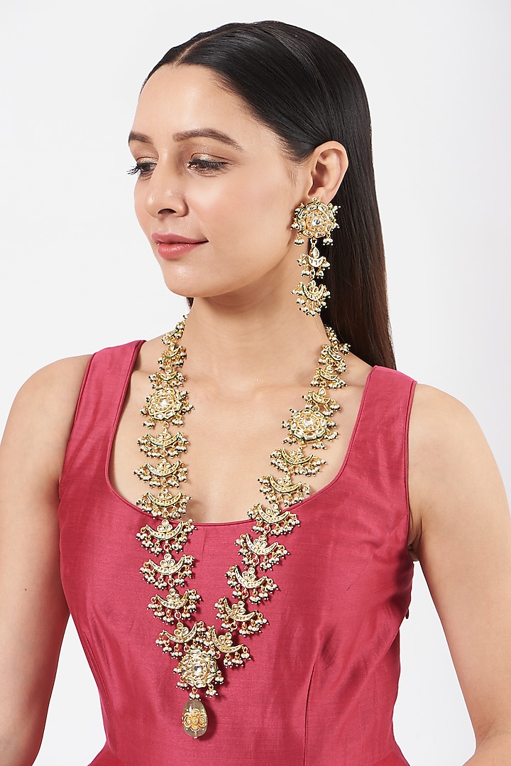 Gold Finish Kundan Polki Long Necklace Set by VASTRAA Jewellery