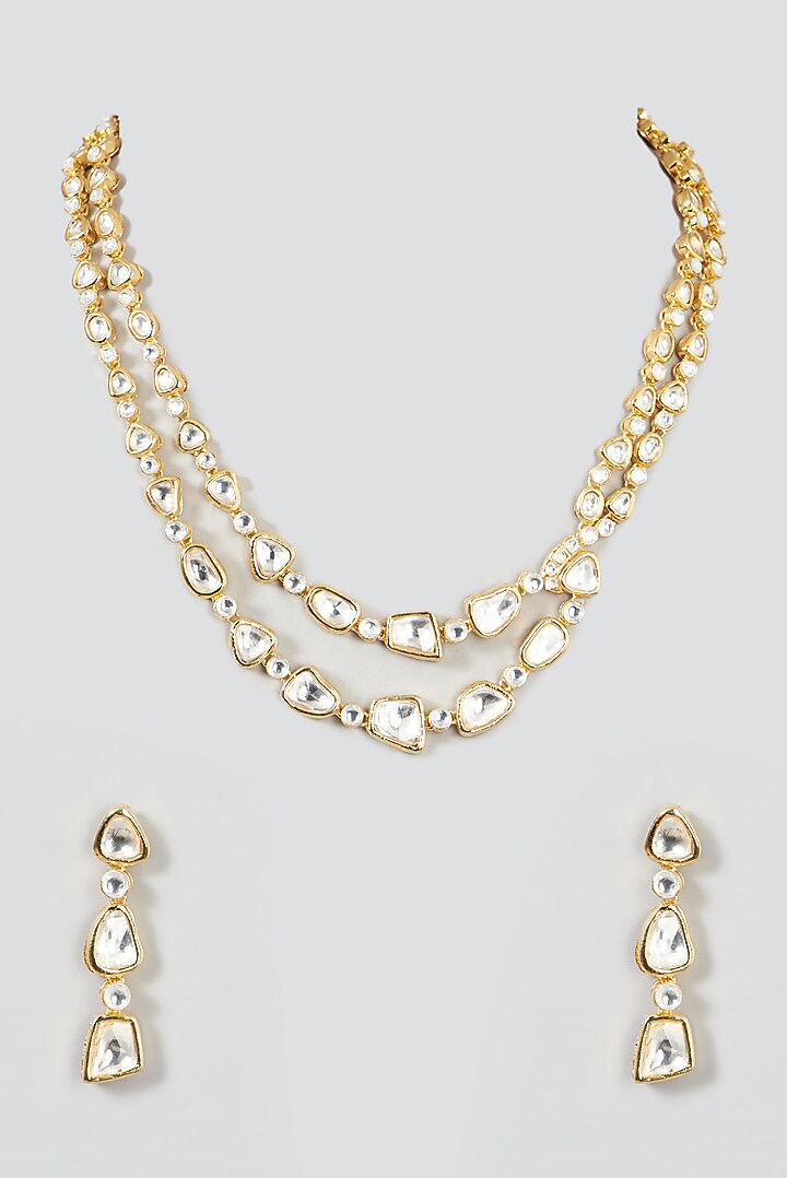 Gold Finish Kundan Polki Layered Necklace Set by VASTRAA Jewellery at Pernia's Pop Up Shop