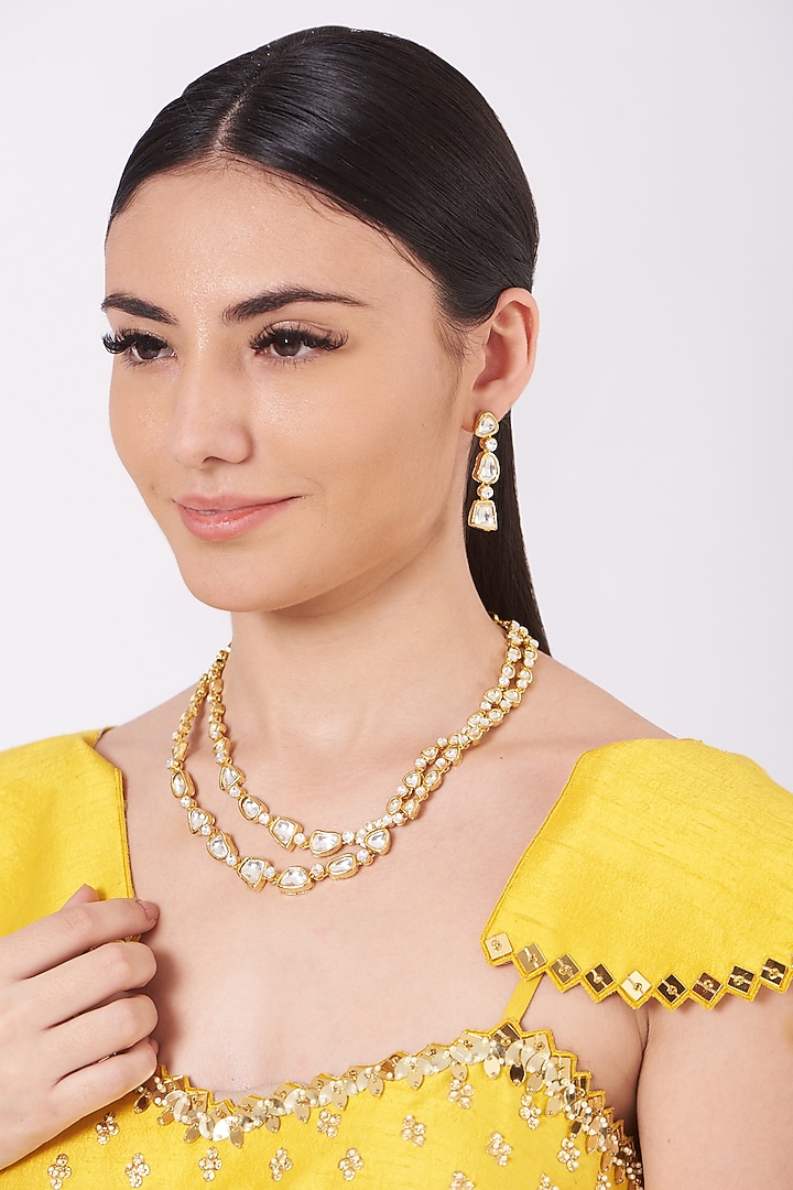 Gold Finish Kundan Polki Layered Necklace Set by VASTRAA Jewellery at Pernia's Pop Up Shop
