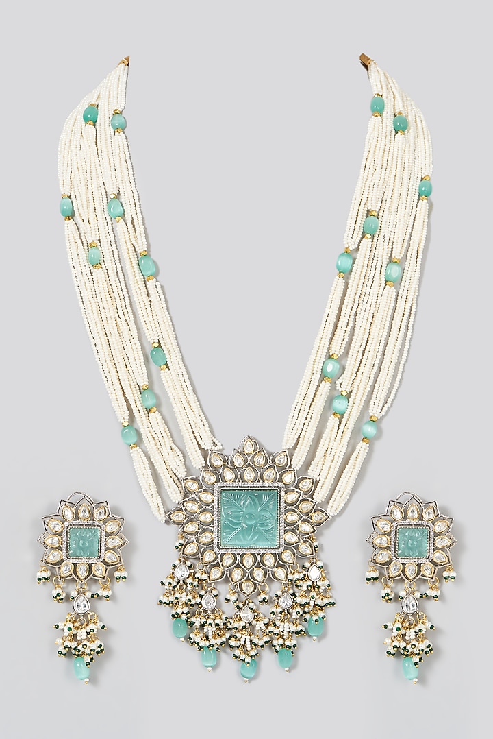 Two Tone Finish Turquoise Synthetic Stone & Pearl Necklace Set by VASTRAA Jewellery at Pernia's Pop Up Shop