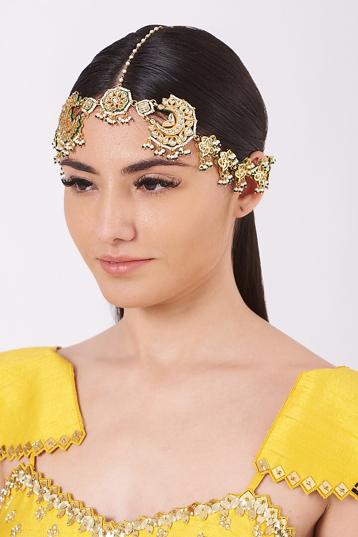 Gold Finish Kundan Polki Mathapatti by VASTRAA Jewellery at Pernia's Pop Up Shop