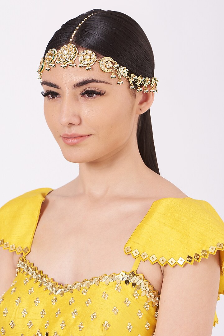 Gold Finish Kundan Polki Mathapatti by VASTRAA Jewellery at Pernia's Pop Up Shop