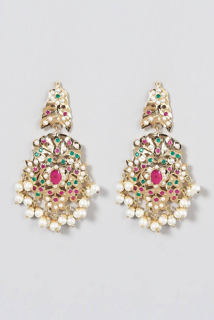 Gold Finish Kundan Polki & Beaded Dangler Earrings by VASTRAA Jewellery at Pernia's Pop Up Shop