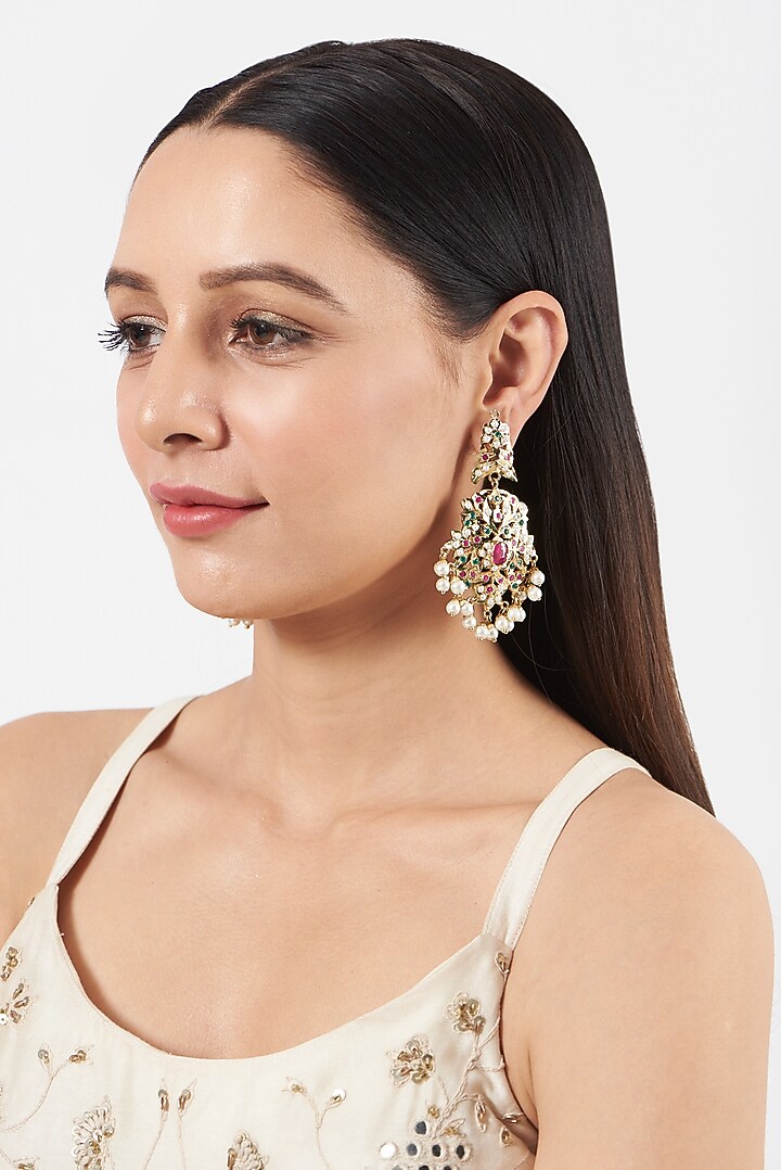 Gold Finish Kundan Polki & Beaded Dangler Earrings by VASTRAA Jewellery at Pernia's Pop Up Shop