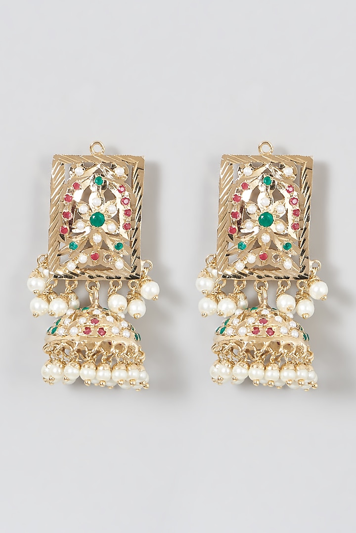 Gold Finish Kundan Polki & Beaded Dangler Earrings by VASTRAA Jewellery at Pernia's Pop Up Shop