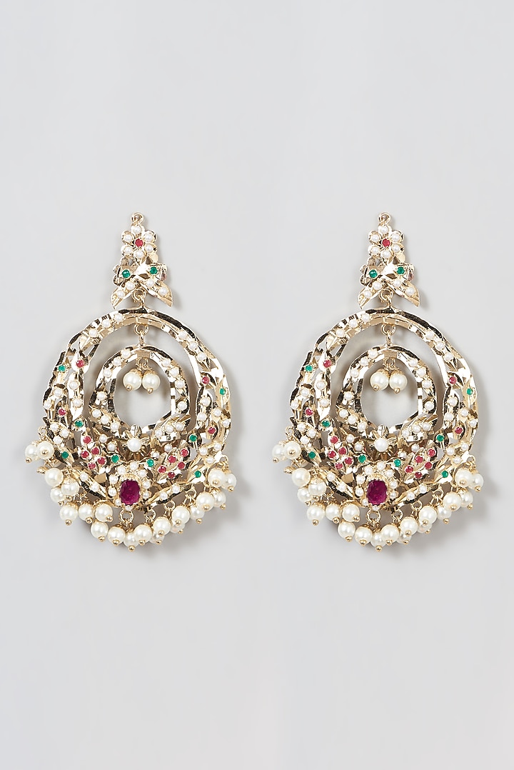 Gold Finish Kundan Polki & Beaded Chandbaali Earrings by VASTRAA Jewellery at Pernia's Pop Up Shop