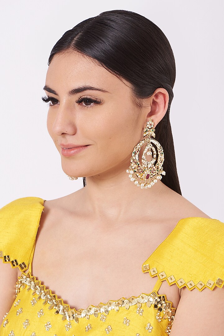 Gold Finish Kundan Polki & Beaded Chandbaali Earrings by VASTRAA Jewellery at Pernia's Pop Up Shop