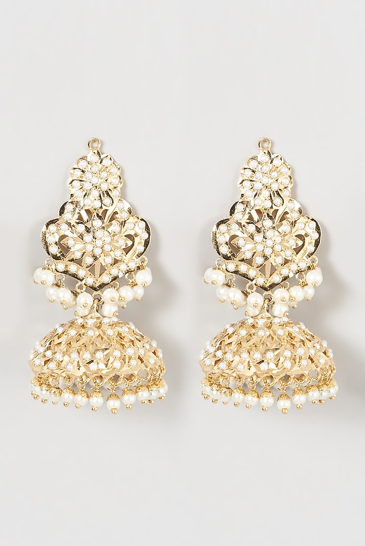 Gold Finish Kundan Polki & Beaded Jhumka Earrings by VASTRAA Jewellery at Pernia's Pop Up Shop