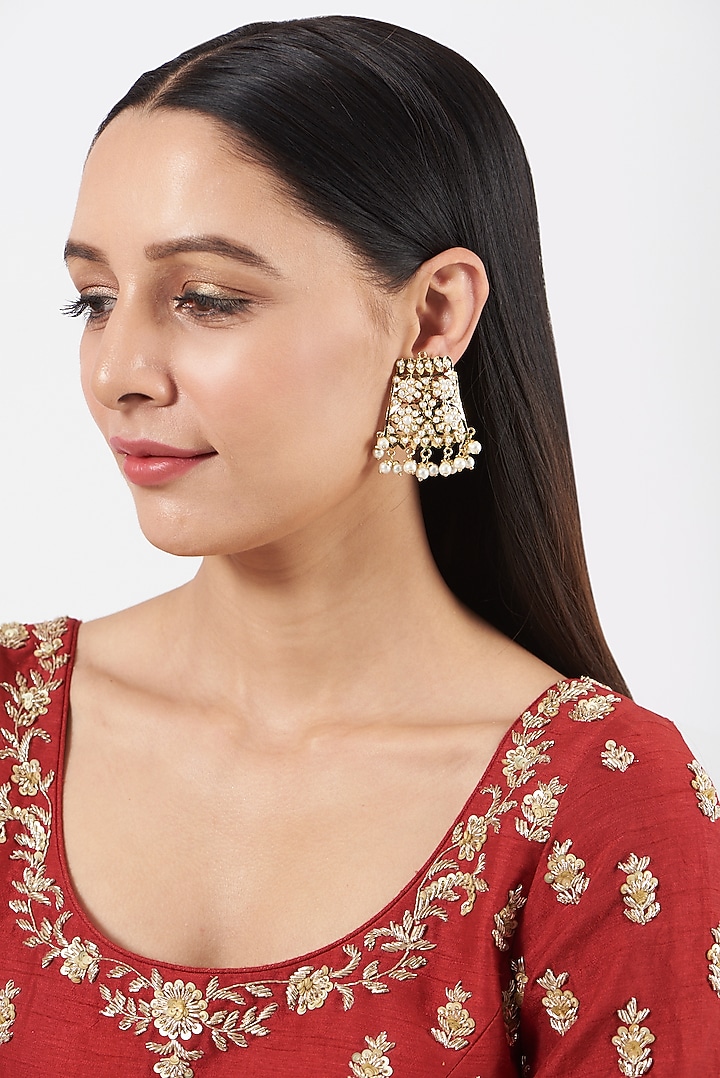 Gold Finish Kundan Polki & Beaded Stud Earrings by VASTRAA Jewellery at Pernia's Pop Up Shop