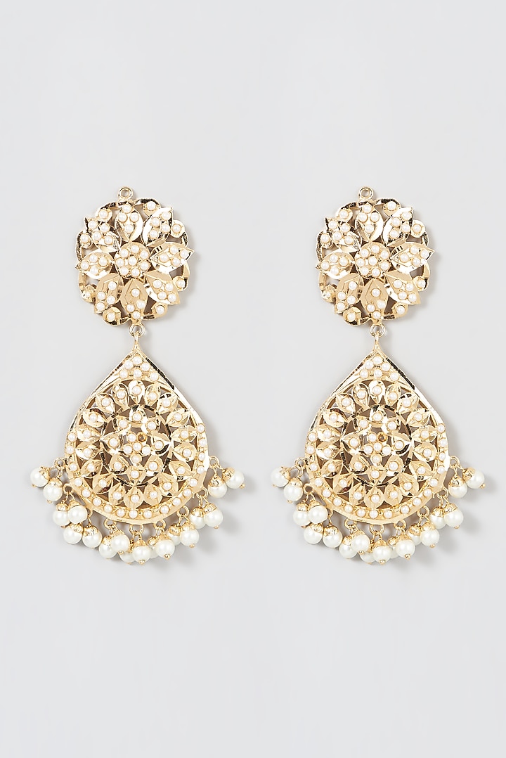 Gold Finish Kundan Polki & Beaded Jhumka Earrings by VASTRAA Jewellery at Pernia's Pop Up Shop