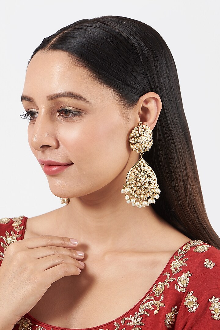 Gold Finish Kundan Polki & Beaded Jhumka Earrings by VASTRAA Jewellery at Pernia's Pop Up Shop