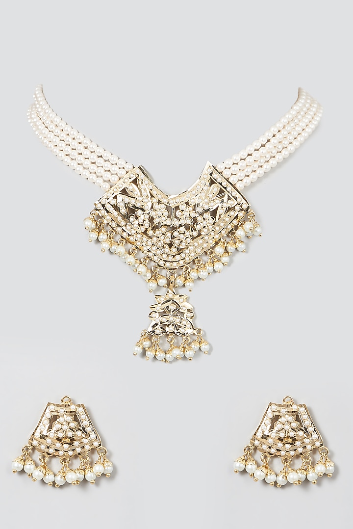 Gold Finish Kundan Polki & Pearl Necklace Set by VASTRAA Jewellery at Pernia's Pop Up Shop