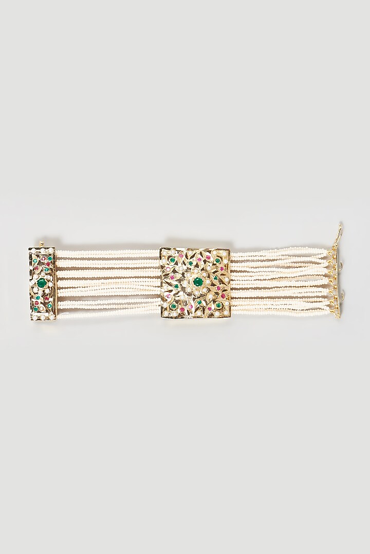 Gold Finish Kundan Polki & Pearl Bracelet by VASTRAA Jewellery at Pernia's Pop Up Shop