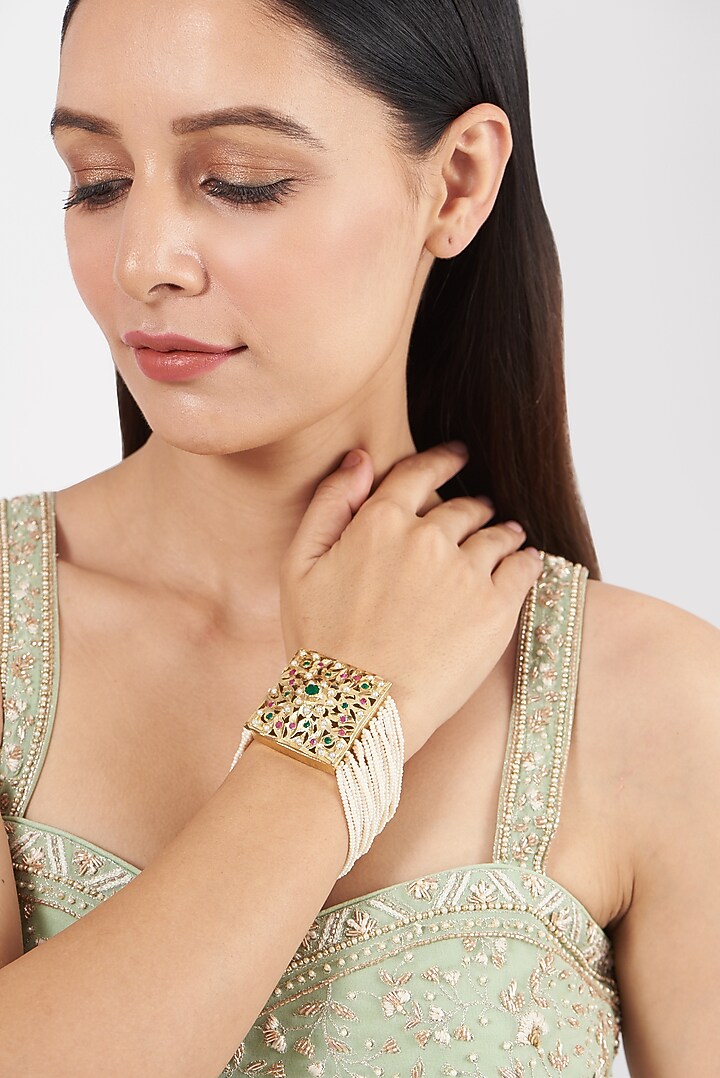 Gold Finish Kundan Polki & Pearl Bracelet by VASTRAA Jewellery at Pernia's Pop Up Shop