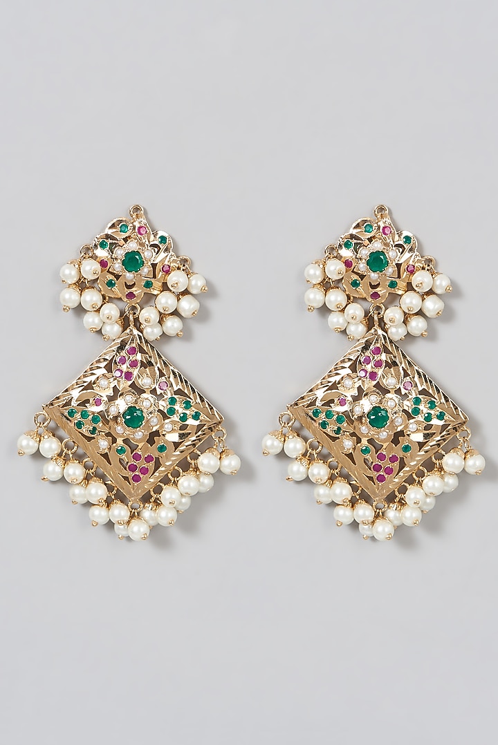 Two Tone Finish Kundan Polki Beaded Dangler Earrings by VASTRAA Jewellery at Pernia's Pop Up Shop