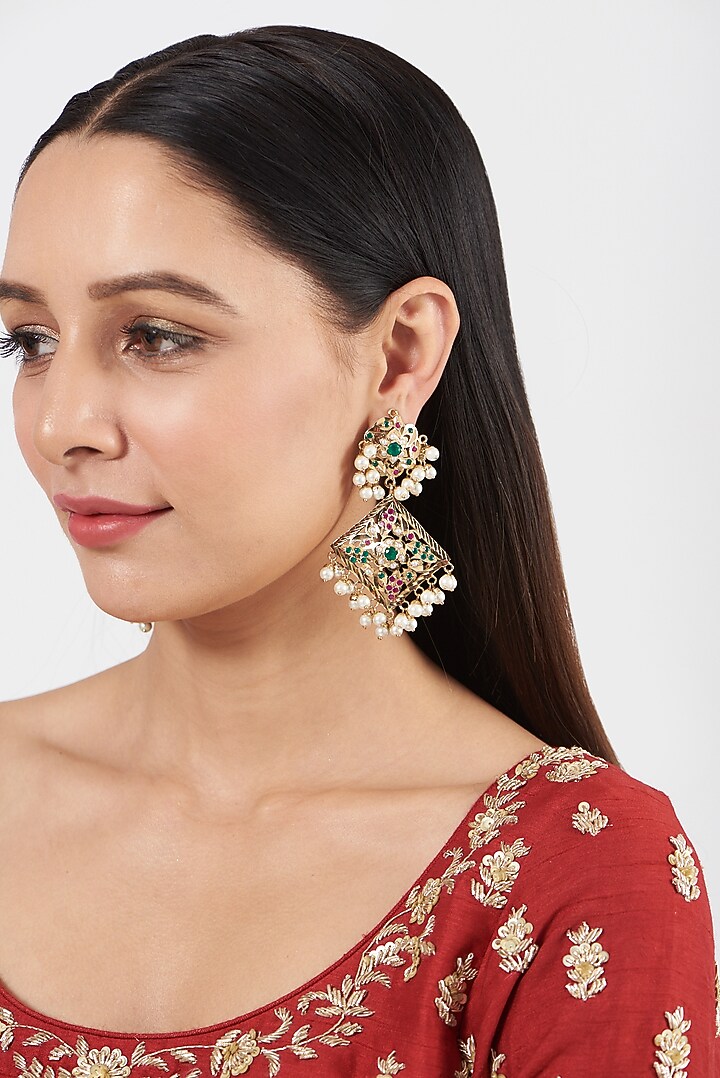 Two Tone Finish Kundan Polki Beaded Dangler Earrings by VASTRAA Jewellery at Pernia's Pop Up Shop
