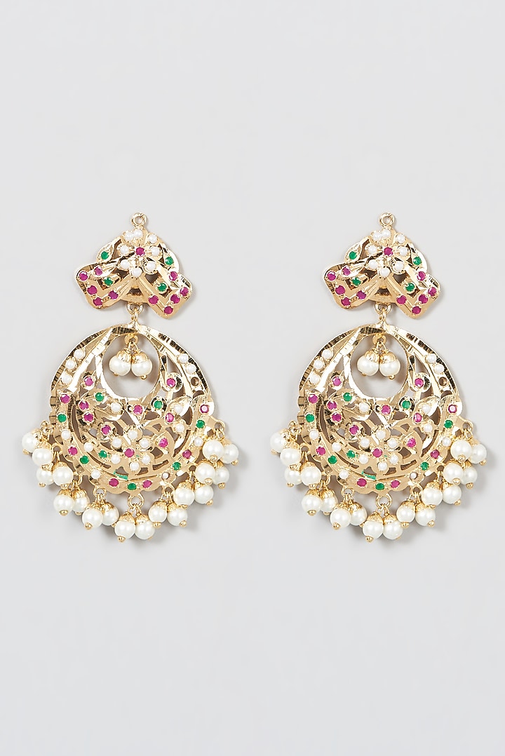 Gold Finish Kundan Polki Beaded Dangler Earrings by VASTRAA Jewellery at Pernia's Pop Up Shop