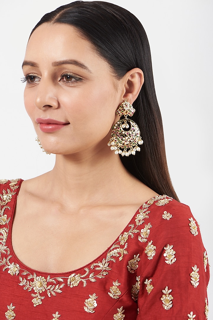Gold Finish Kundan Polki Beaded Dangler Earrings by VASTRAA Jewellery at Pernia's Pop Up Shop