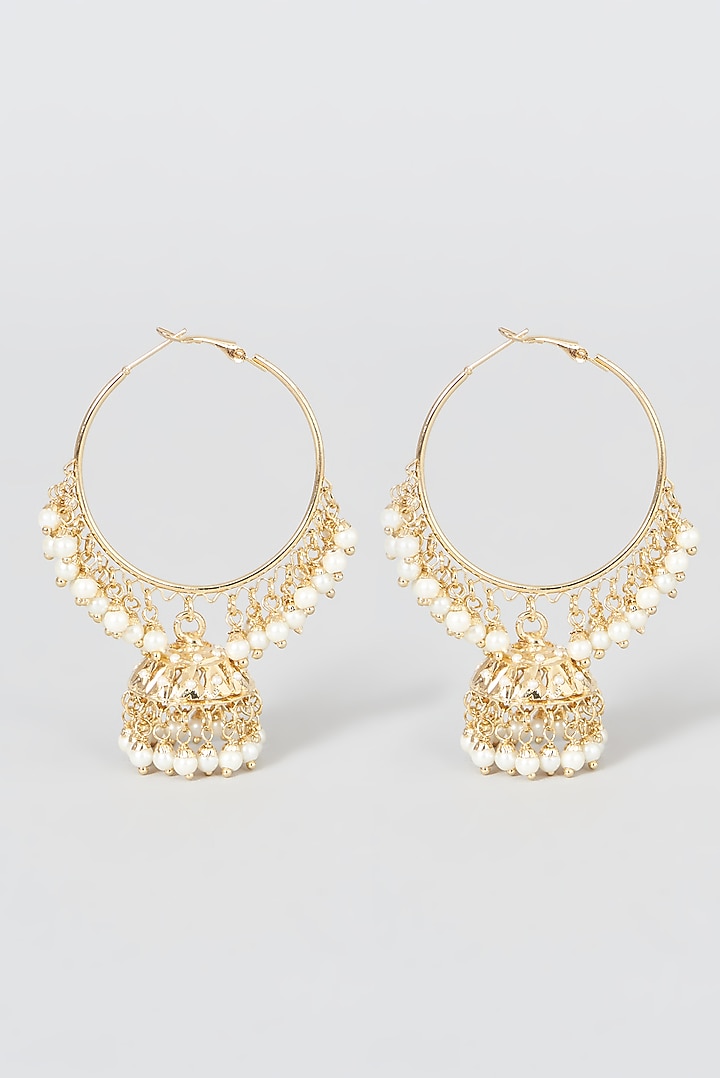 Gold Finish Kundan Polki & Beaded Jhumka Earrings by VASTRAA Jewellery at Pernia's Pop Up Shop