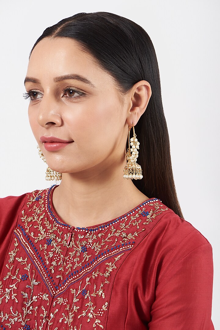 Gold Finish Kundan Polki & Beaded Jhumka Earrings by VASTRAA Jewellery at Pernia's Pop Up Shop