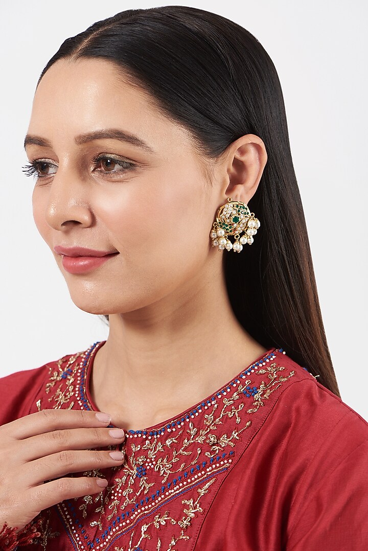 Gold Finish Beaded & Kundan Polki Stud Earrings by VASTRAA Jewellery at Pernia's Pop Up Shop